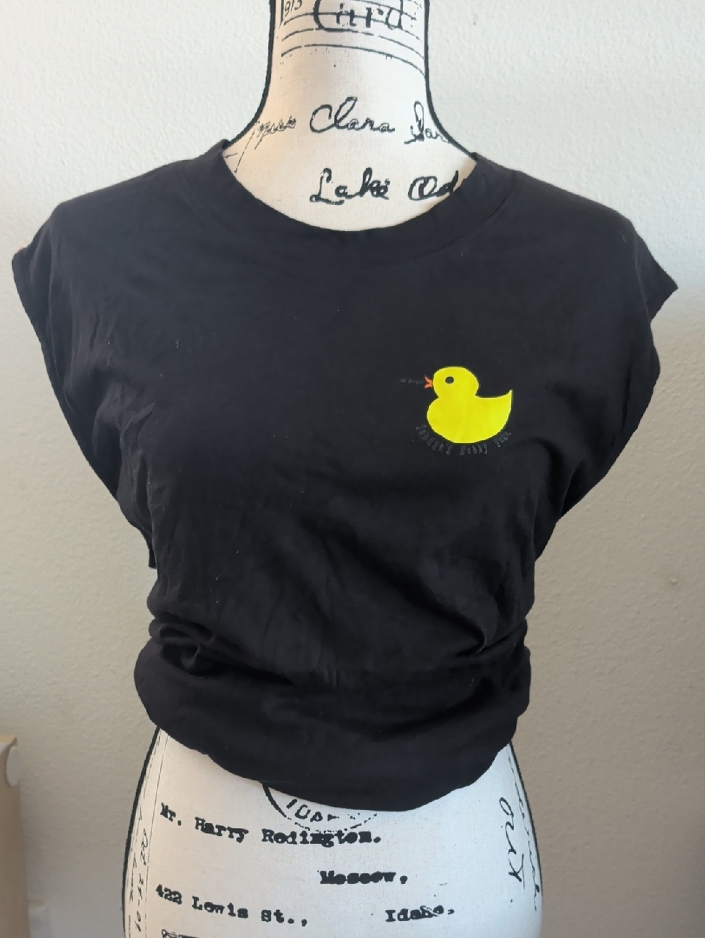 Sandra Hobby Farm Black Muscle Tee with Yellow Duck Logo